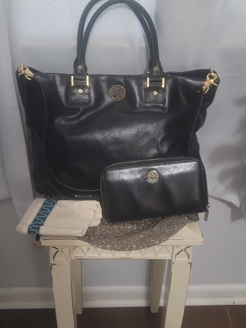 Tory Burch Black Leather Tote with Gold Hardware and Matching Wallet